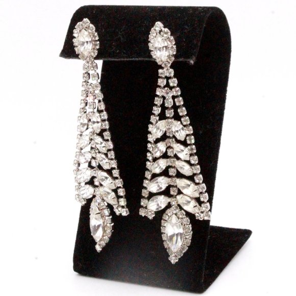 Vintage 90's Rhinestones Rhodium Plate Fancy Bridal Dangle Long Post Earrings - Picture 3 of 10